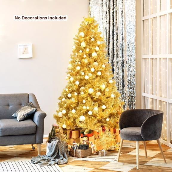 Gymax 7.5FT Tinsel Christmas Tree Artificial Hinged w/ Metal Stand Champagne Gold