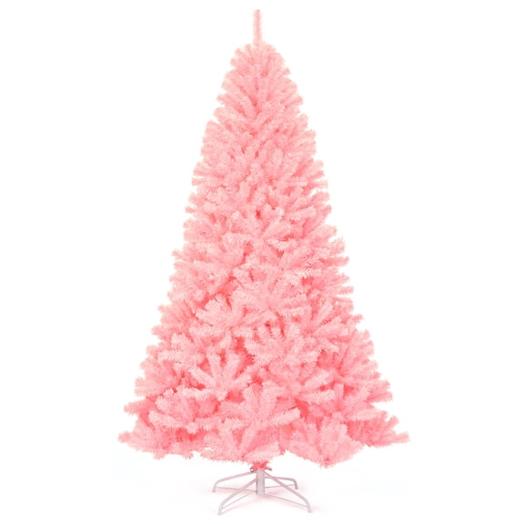 Gymax 7.5ft Pink Artificial Christmas Tree Hinged Spruce Full Tree w/ Metal Stand