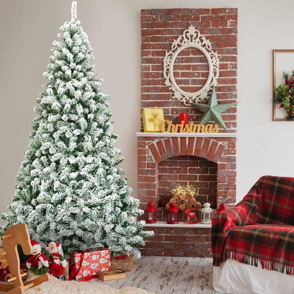 Gymax 7.5ft Snow Flocked Christmas Tree Hinged Artificial Pine Tree w/ Metal Stand