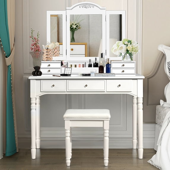 Gymax 7 Drawers Vanity Set Dressing Table with Tri-Folding Mirror White, 41.5 in x 18 in x 60.5 in