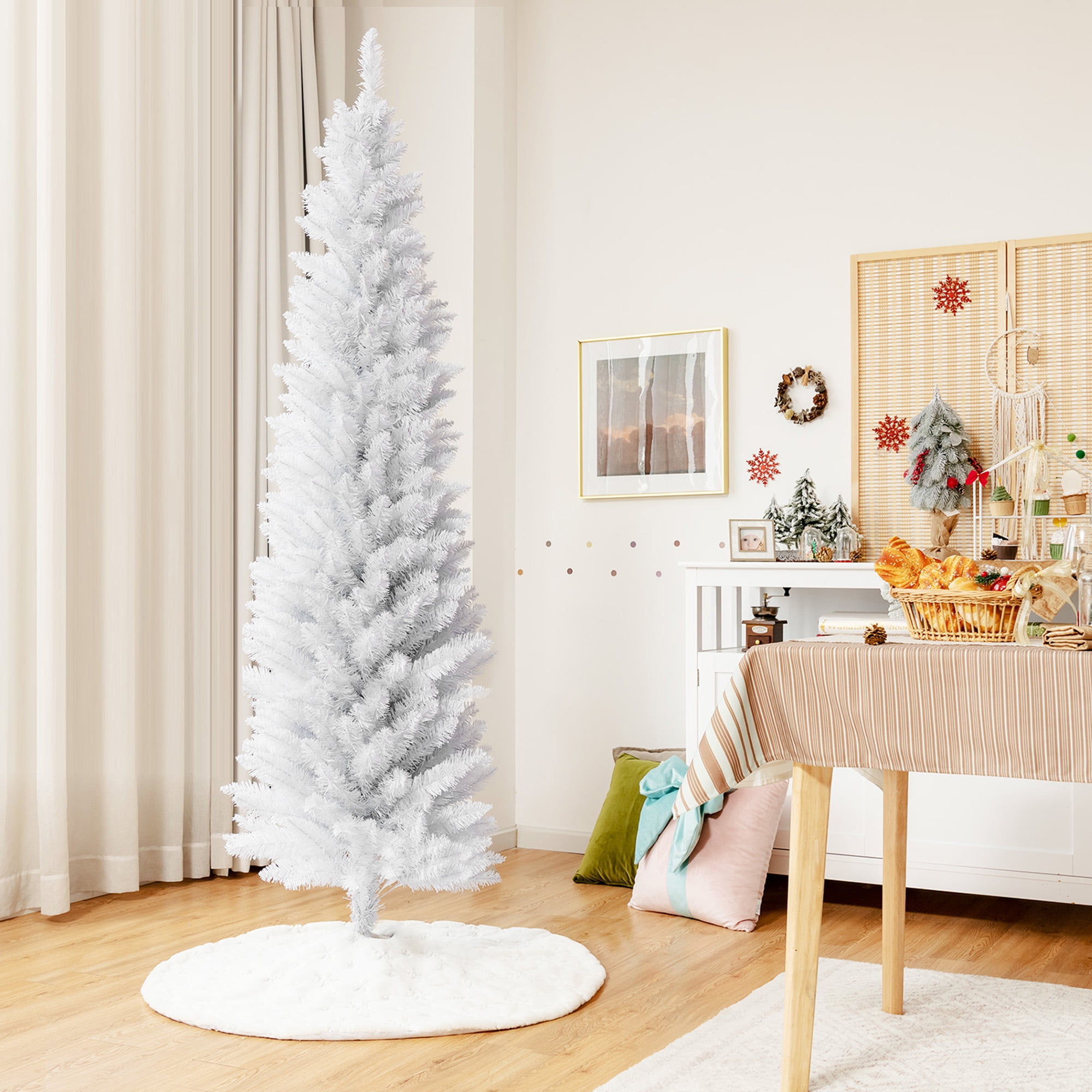 Gymax 7ft Slim White Unlit Xmas Tree, Artificial Pencil Pine
