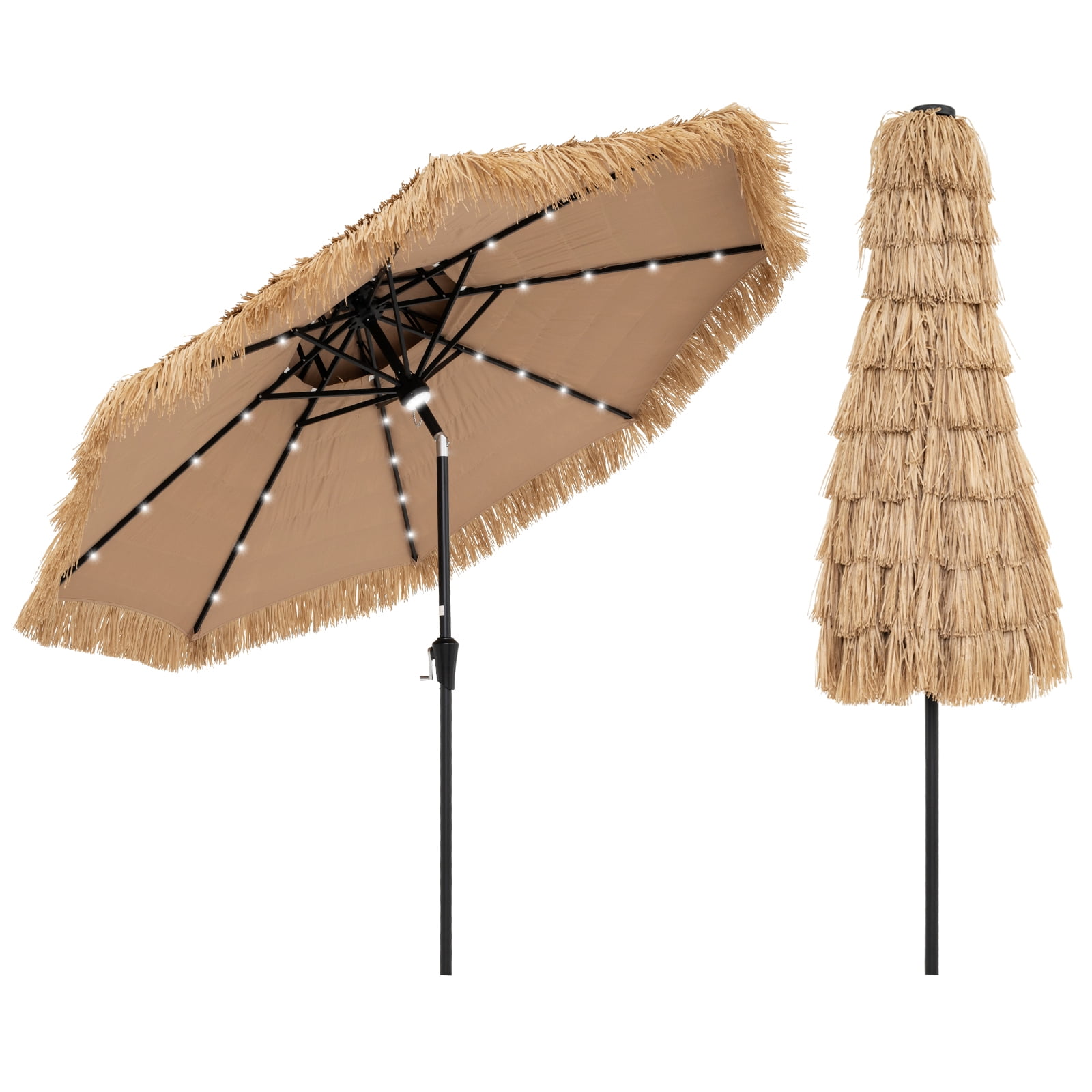 Natural 9 ft Solar Powered LED Thatched Tiki Patio Umbrella