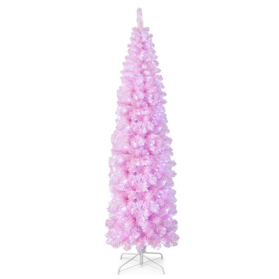 Gymax 7 FT Pre-Lit Artificial Christmas Tree Hinged Slim Pencil Christmas Tree
