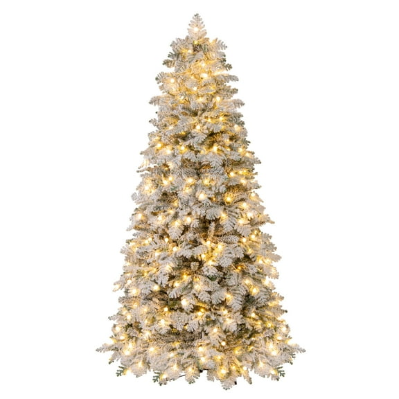 Gymax 7 FT Pre-Lit Artificial Christmas Tree Hinged Snow Flocked Xmas Tree w/ 806 Mixed Branch Tips