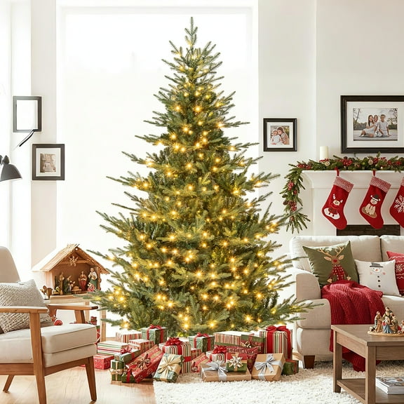 Gymax 7 FT Pre-Lit Artificial Christmas Tree Hinged Xmas Tree w/ 1102 PVC & PE mixed Branch Tips