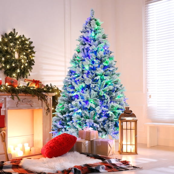 Gymax 7 FT Pre-Lit Artificial Christmas Tree Snow-Flocked Hinged Xmas Tree w/ 320 LED Lights & 1270 Branch Tips