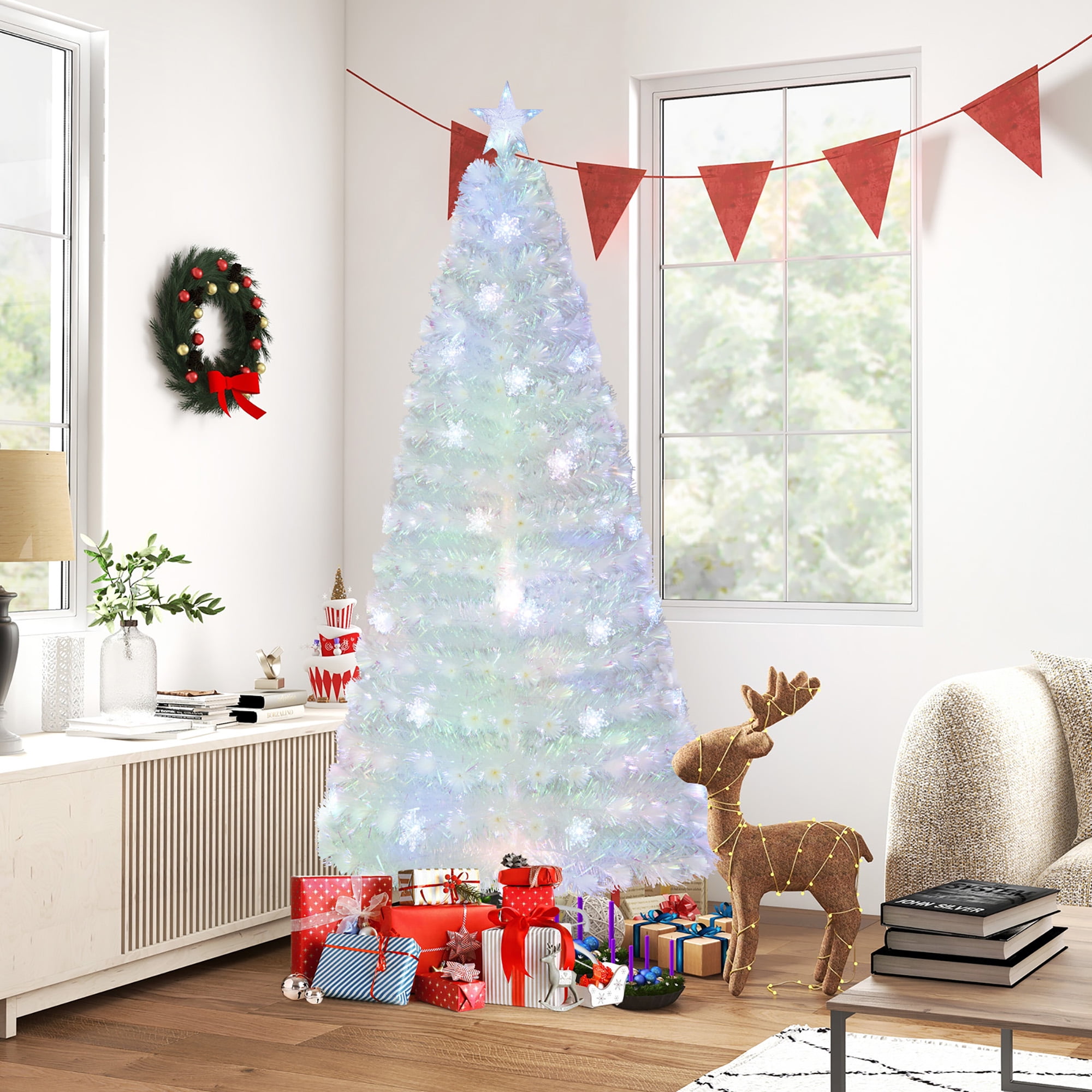 Gymax 7 FT Pre-Lit Fiber Optic Christmas Tree White Artificial ...