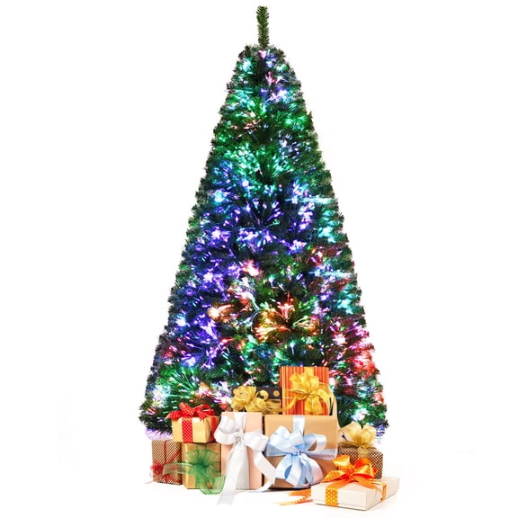 Gymax 7 FT Pre-lit Artificial Christmas Tree Fiber Optic Xmas Tree Holiday Decor
