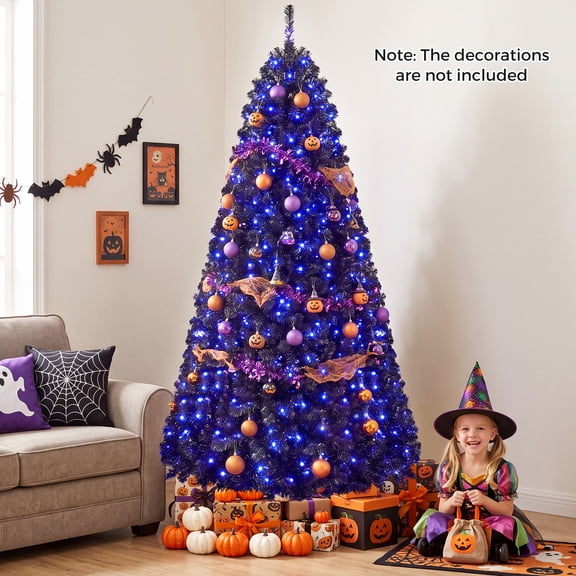 Gymax 7 FT Pre-Lit Black Halloween Christmas Tree Full Artificial Hinged Tree