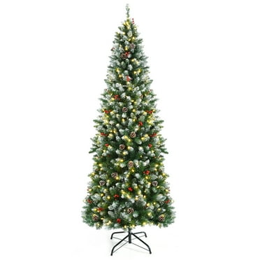 Gymax 7 FT Pre-lit Hinged Christmas Tree Artificial Pencil Xmas Tree w/ LED Lights