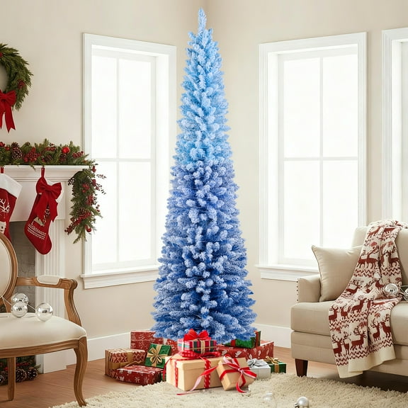 Gymax 7 FT Snow-flocked Artificial Christmas Tree w/ 290 Warm White LED Lights8 Modes Blue Gradient & White