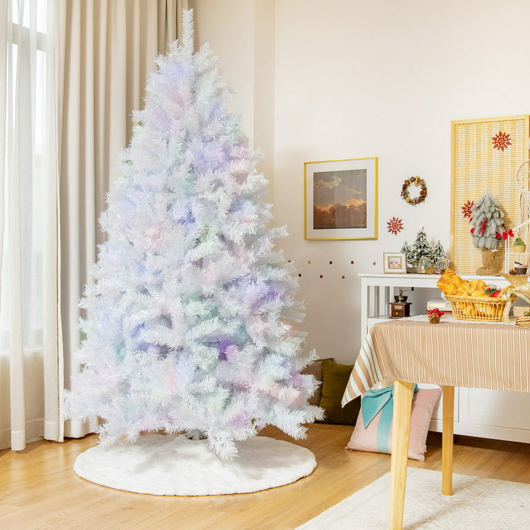 Gymax 7 FT White Artificial Christmas Tree Hinged Unlit Iridescent Xmas Tree
