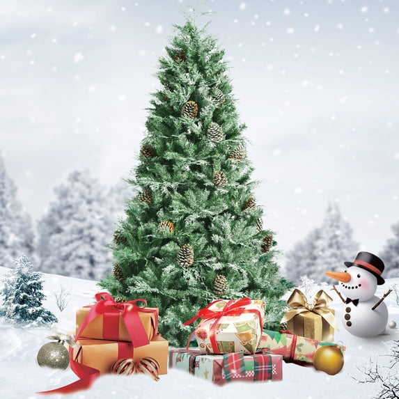 Gymax 7 Ft Snow Flocked Christmas Tree Artificial Unlit Hinged Tree w/Pine Cones