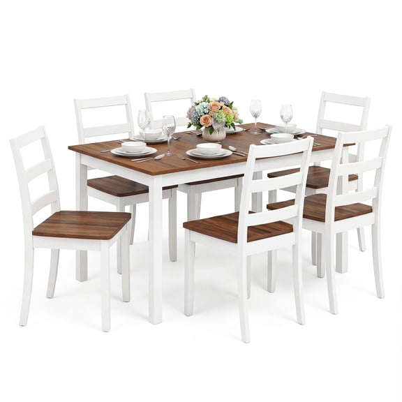 Gymax 7-Piece Dining Set Solid Wood Kitchen Furniture w/ Rectangular Table & 6 Chairs