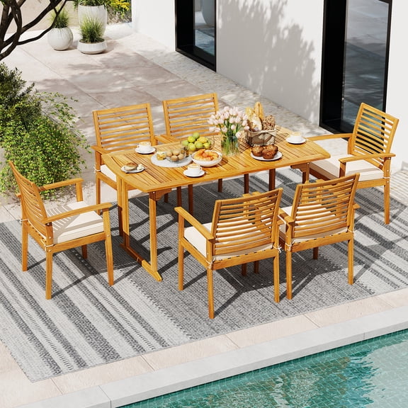 Gymax 7-Piece Patio Dining Set Outdoor Acacia Wood Table & 6 Armchairs w/Umbrella Hole