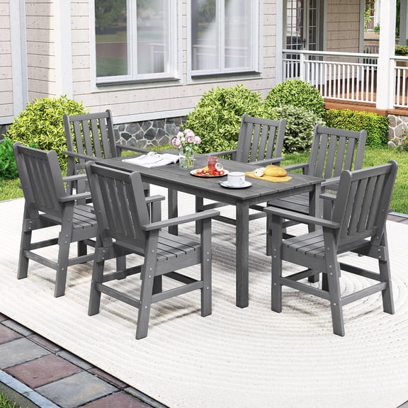 Gymax 7 Pieces Patio Dining Set Outdoor HDPE Weather Resistant Table & Chairs Set Gray