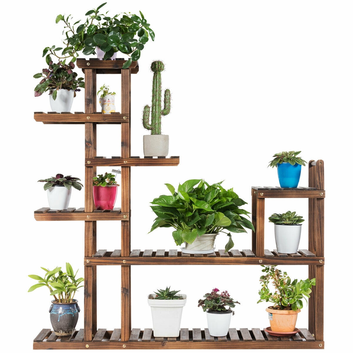 Carbonized Solid Wood 7-Tier Plant Display Rack with Handle