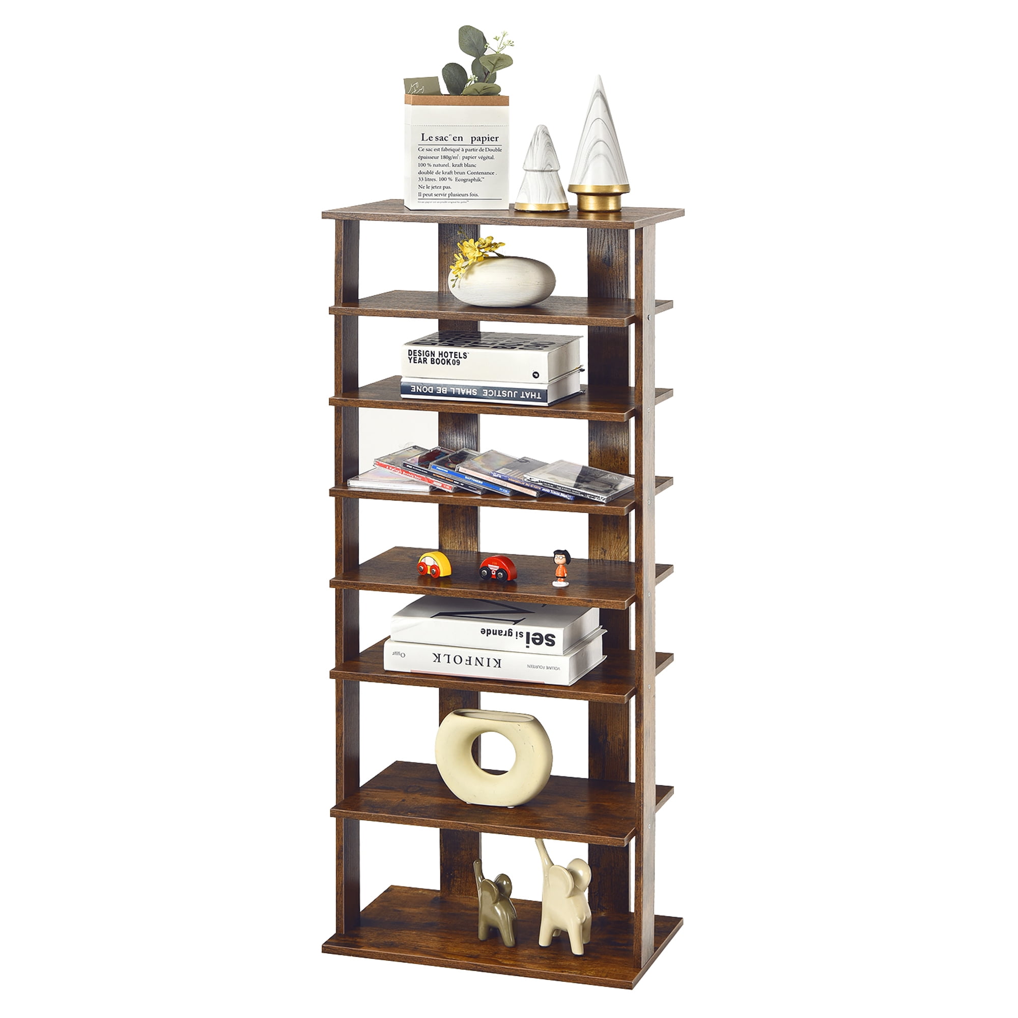 Gymax 7-Tier Free Standing Shoe Rack, Wood, Rustic Brown