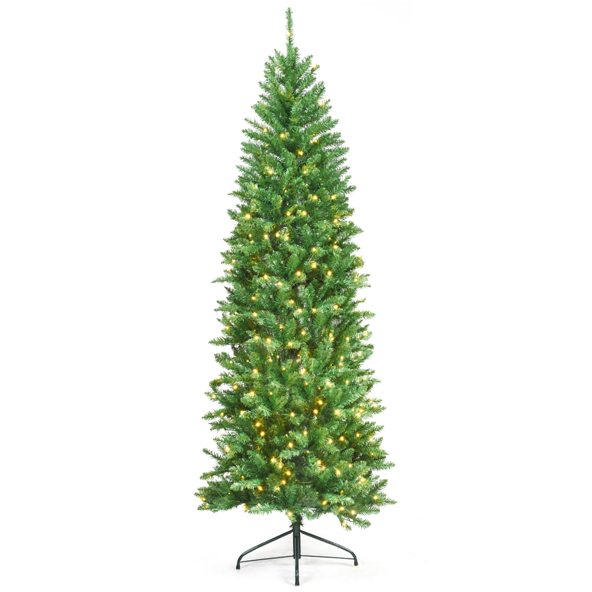 Gymax 7 ft Prelit Pencil Christmas Tree Hinged Fir Tree Holiday Decor