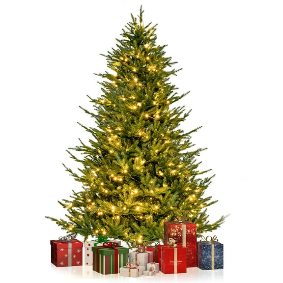 Gymax 7 ft pre-lit artificial Christmas tree artificial hinged Christmas tree w/ 380 LED lights & 1130 Branch Tips