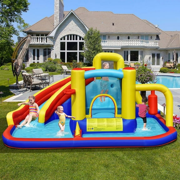 Gymax 7-in-1 Inflatable Water Slide Park Castle for Kids, with 735W Air Blower, Multicolor