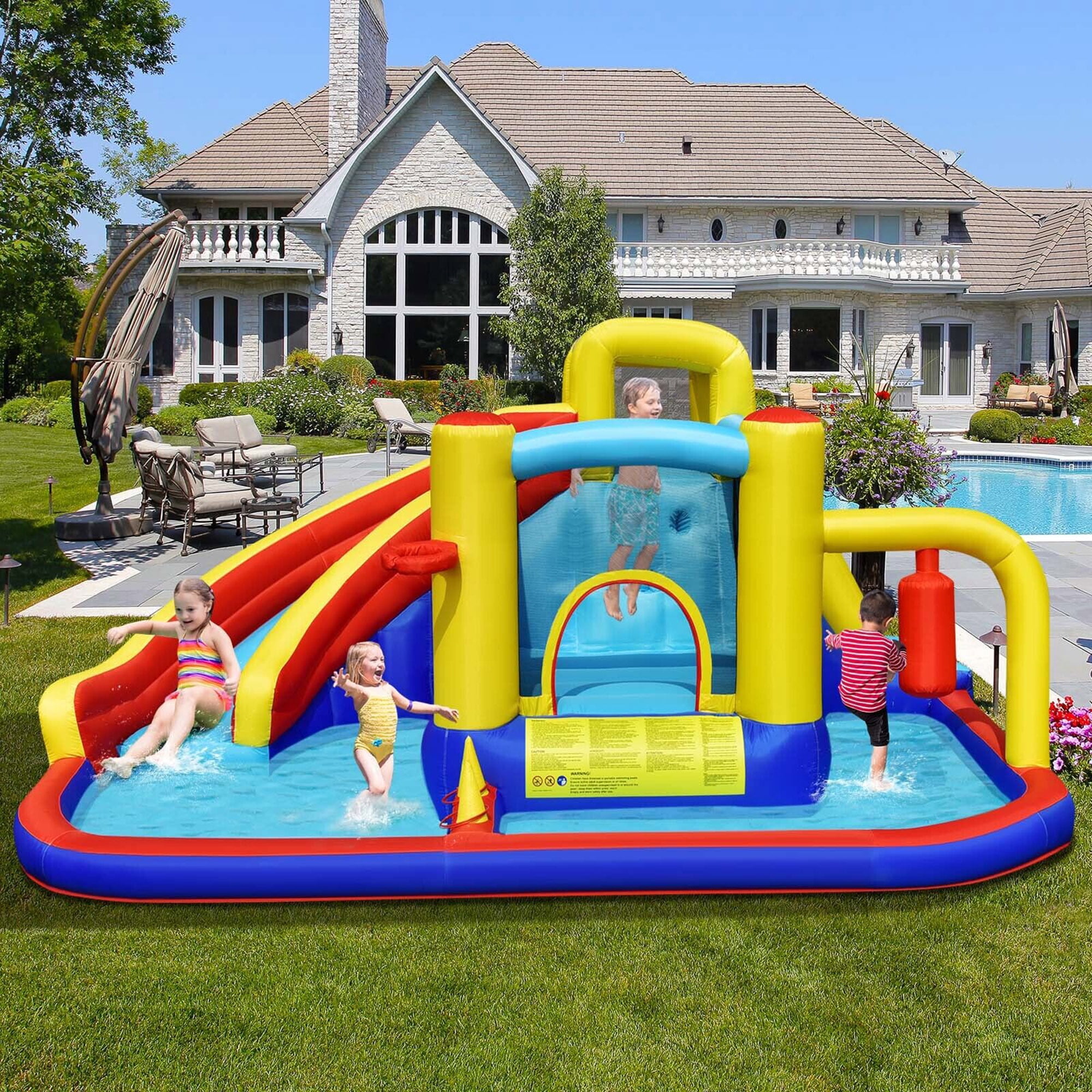 Gymax 7-in-1 Kids Water Inflatable Water Slide Park Castle w/ Air Blower