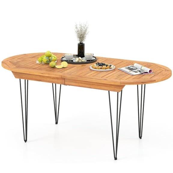 Gymax 71'' Patio Dining Table 6 Person Large Oval Table w/ Teak Wood Tabletop