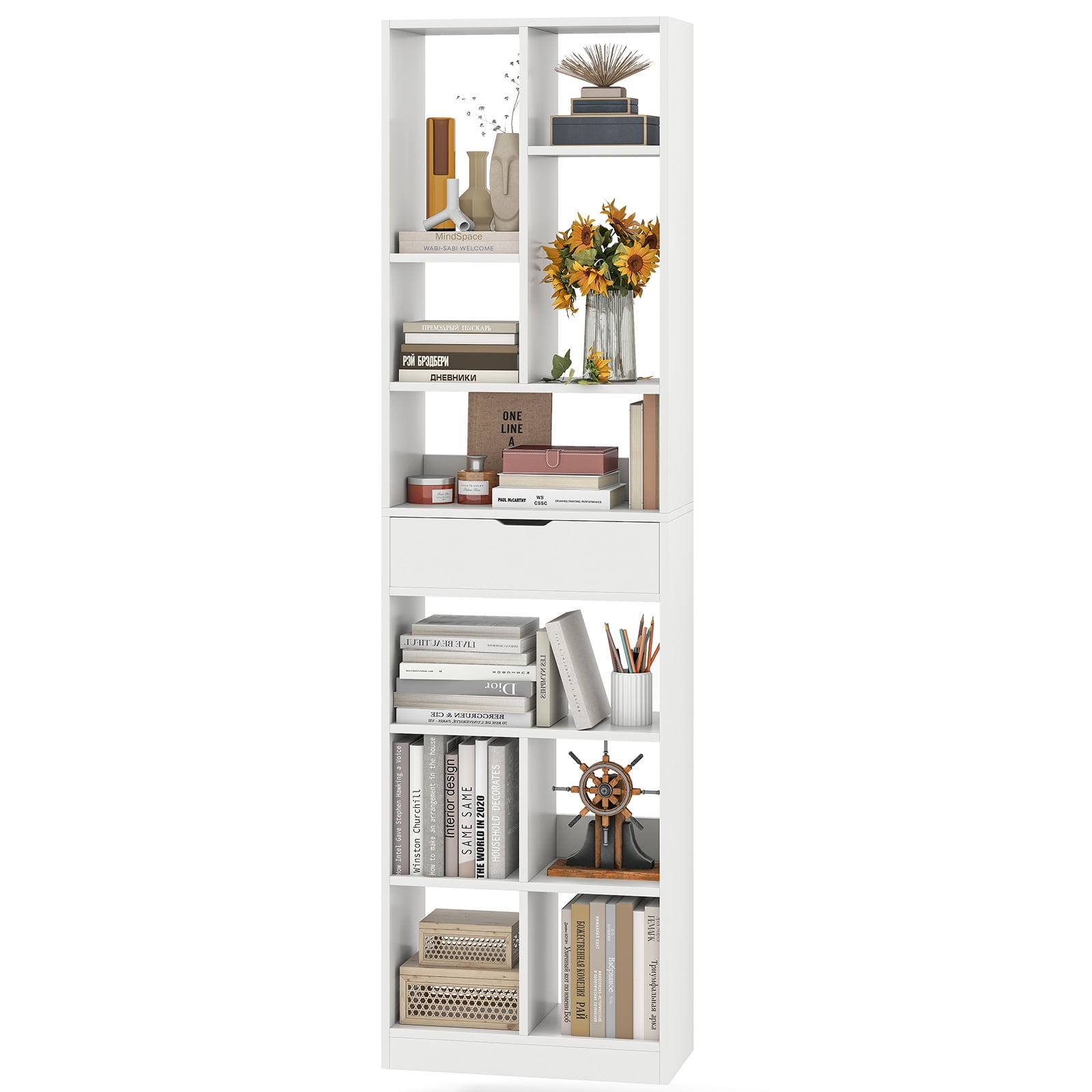 Gymax 71'' Tall Bookcase w/ Drawer Modern Bookshelf w/ 10 Open Cubes Display Rack