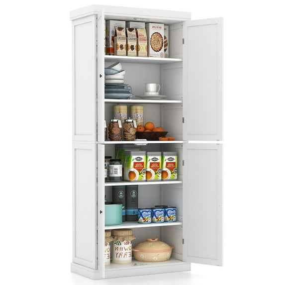 Gymax 72.5'' Kitchen Pantry w/4 Door 6-Tier Shelves Freestanding Modern Storage White