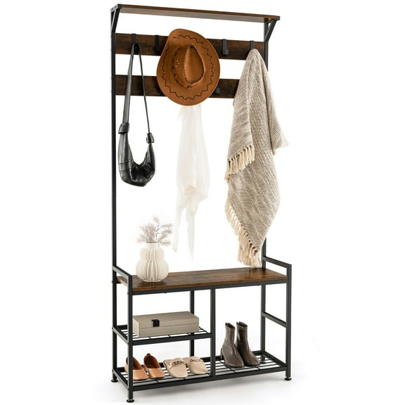 Gymax 72'' Freestanding Hall Tree 4-in-1 Coat Rack Shoe Bench w/ Top Shelf & 9 Removable Hooks