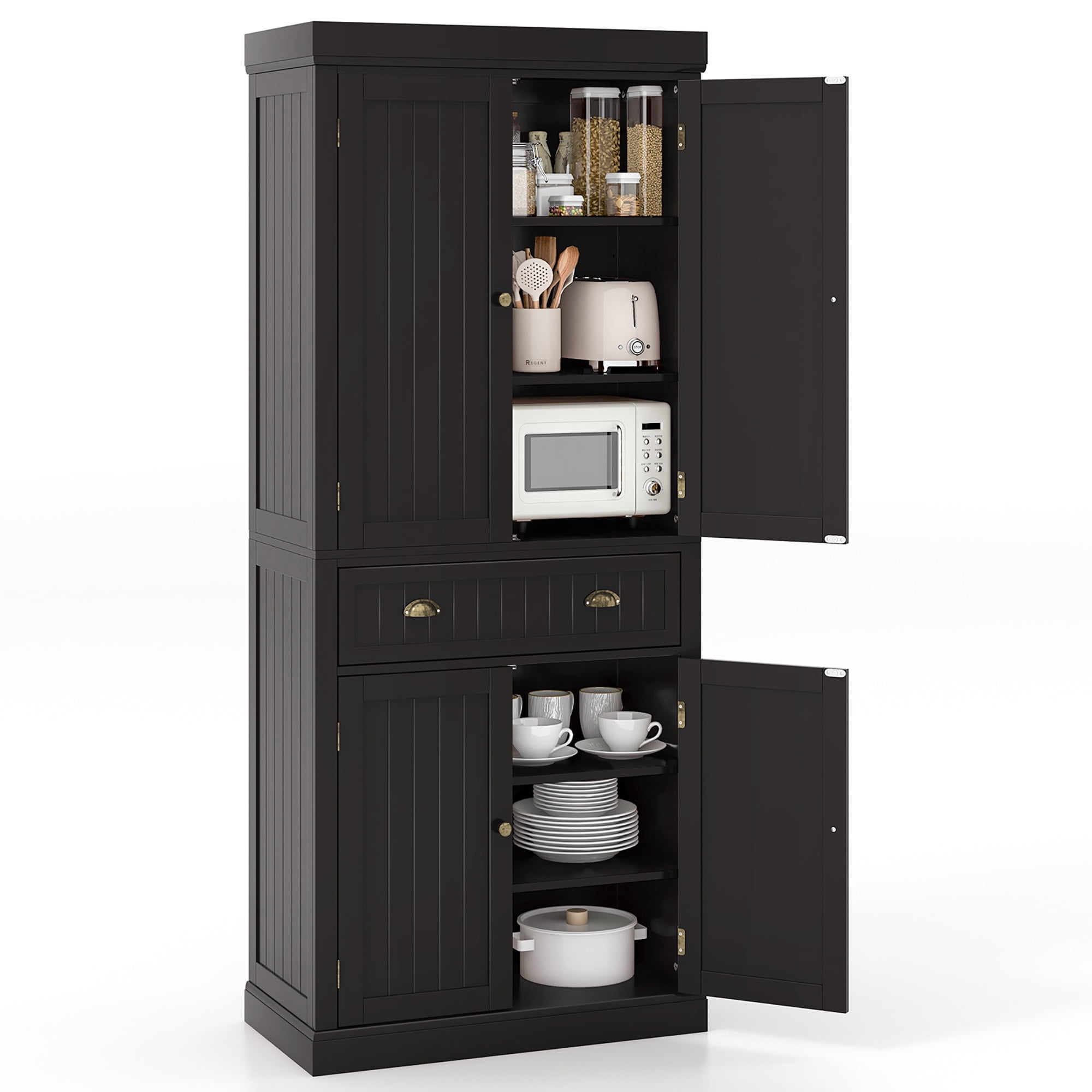 Gymax 72 Kitchen Pantry Storage Cabinet Tall Freestanding Cupboard w 4 Doors Large Drawer Brown
