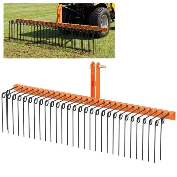 Gymax 72''Pine Straw Rake Tow Behind Landscape Rake w/ 30 Metal Coil Tines for Grass Orange & Black