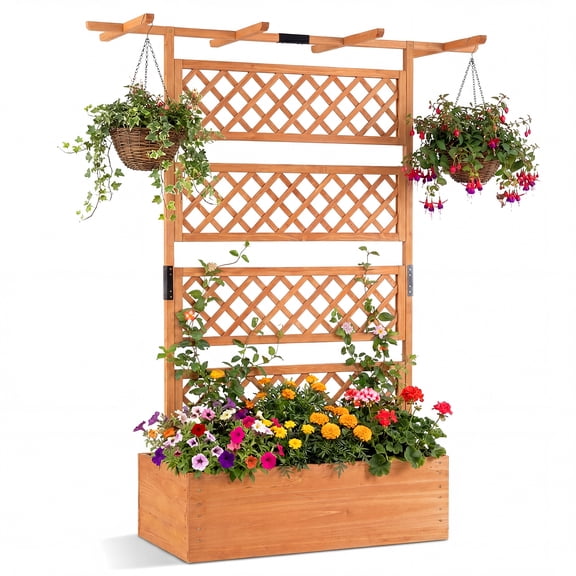 Gymax 72'' Wooden Planter Box w/Lattice Trellis Flat Roof Drainage for Climbing Plant Orange