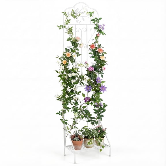 Gymax 75'' x 20'' Metal Garden Trellis w/ Foldable Bottom Shelf Anti-Tipping Device White