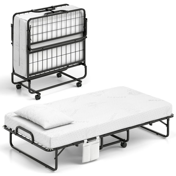Gymax 75'' x 38'' Twin Size Folding Bed Rollaway Guest Bed w/ 5 inch Mattress & Pillow