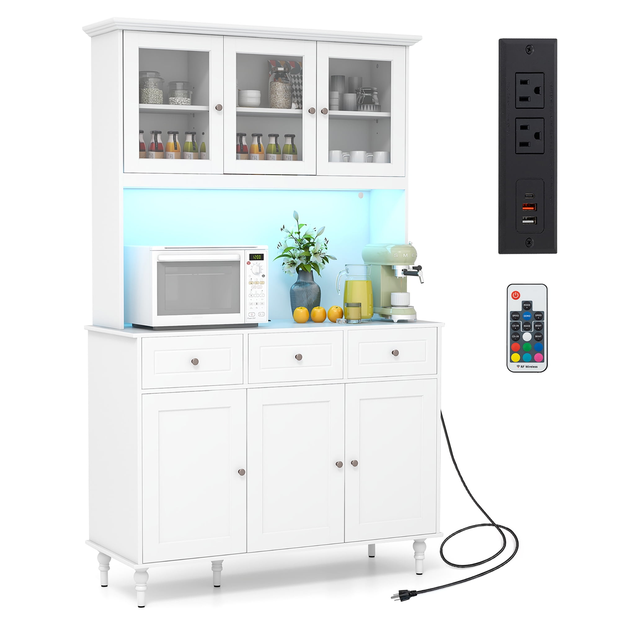 Gymax 77'' Tall Kitchen Pantry Storage Cabinet with LED Lights and Power Outlets