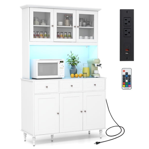 Gymax 77'' Tall Kitchen Pantry Storage Cabinet with LED Lights and Power Outlets