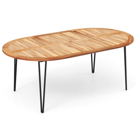 Gymax 79'' Patio Dining Table w/ Umbrella Hole Acacia Wood Tabletop & Sturdy Metal Legs