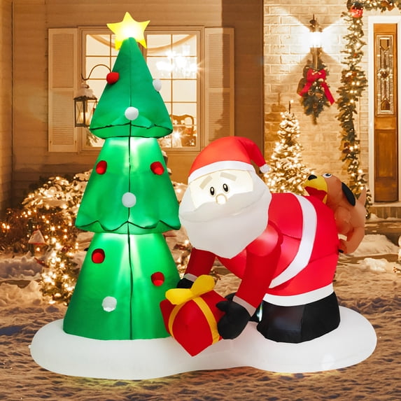 Gymax 7FT Christmas Inflatable Tree & Santa Claus Yard Decor w/ Air Blower & LED Lights