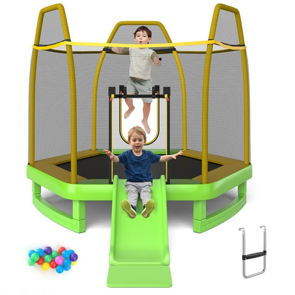 Gymax 7FT Kids Recreational Trampoline w/ Ladder & Slide Ocean Ball Indoor Outdoor Green