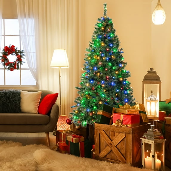 Gymax 7FT Pre-Lit Hinged Artificial Christmas Tree Decor Tree 3-Minute Quick Shape