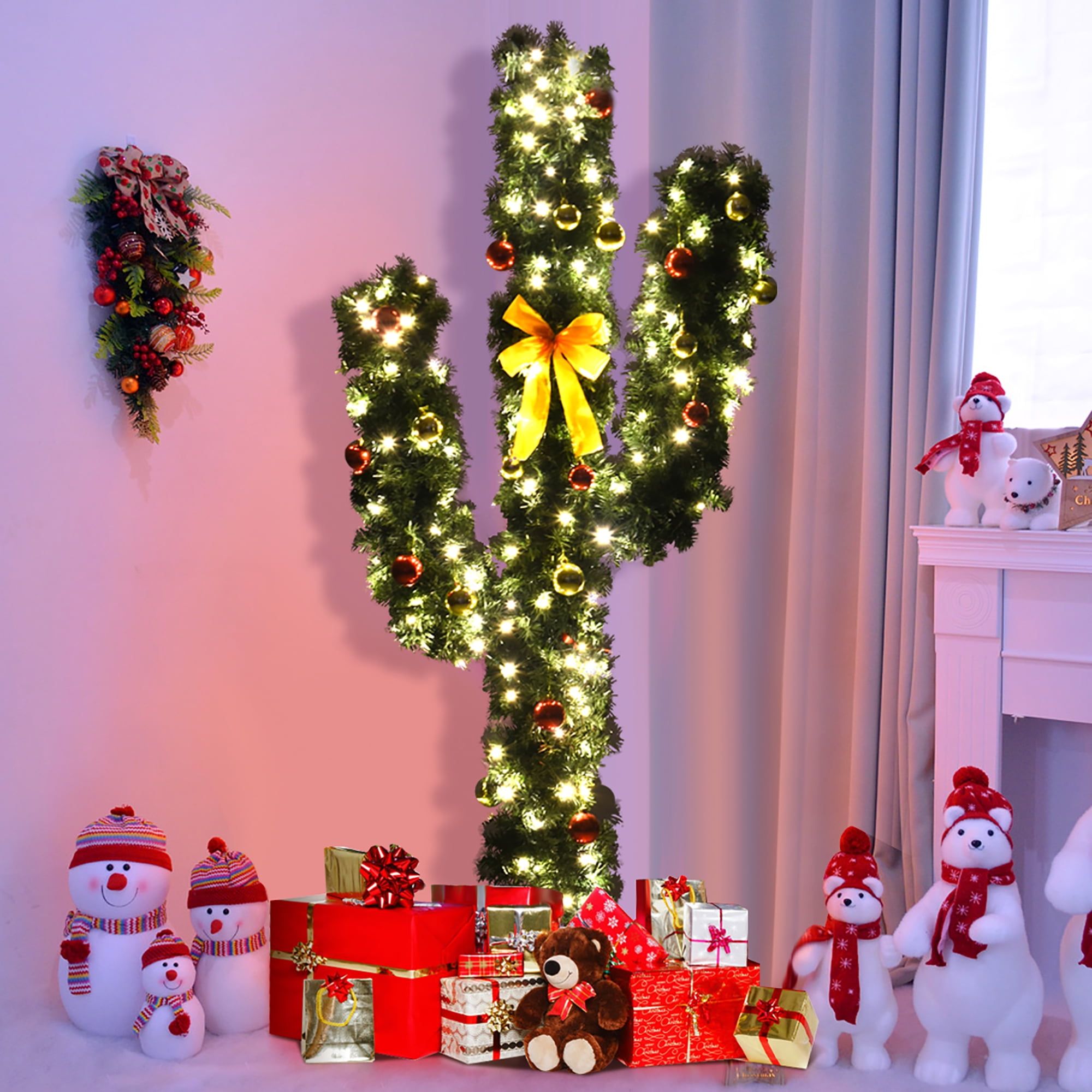 Gymax 7Ft Cactus Artificial Christmas Tree PreLit w/LED Lights and