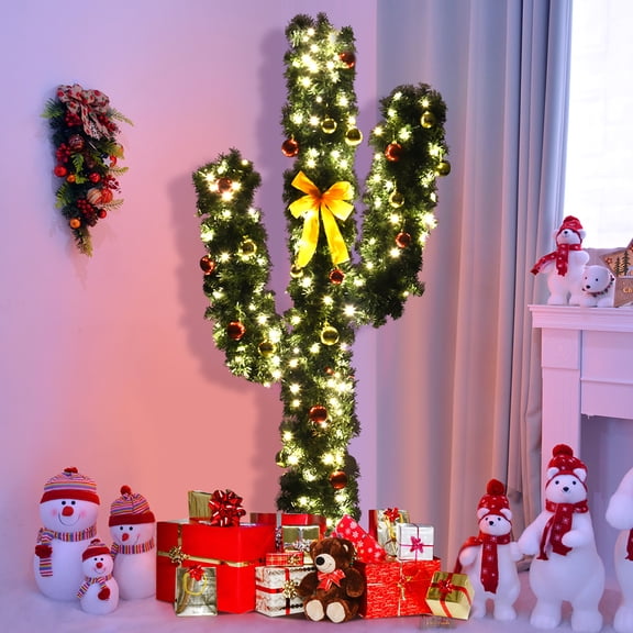 Gymax 7Ft Cactus Artificial Christmas Tree Pre-Lit w/LED Lights and Ball Ornaments