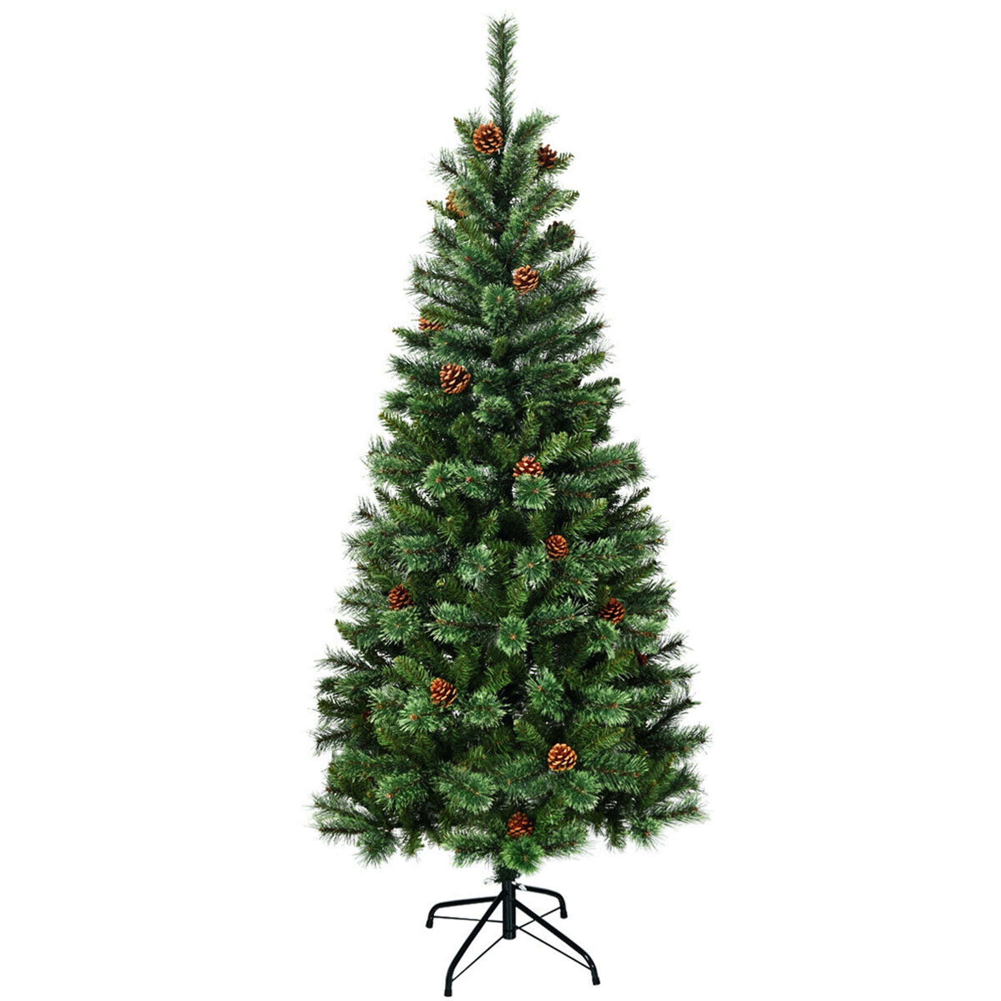 Gymax 7Ft Christmas Tree Artificial Hinged Tree w/ Pine Cones Metal Stand