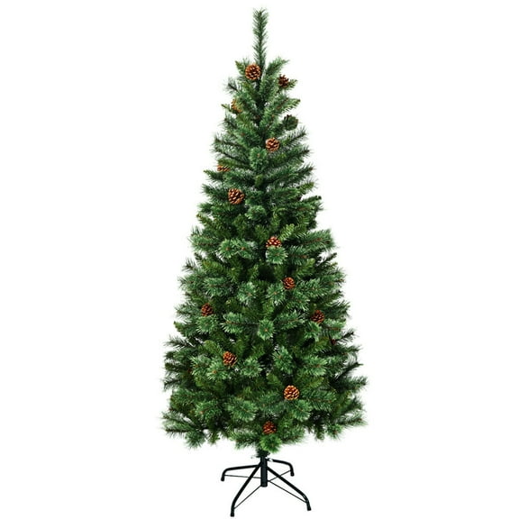 Gymax 7Ft Christmas Tree Artificial Hinged Tree w/ Pine Cones Metal Stand