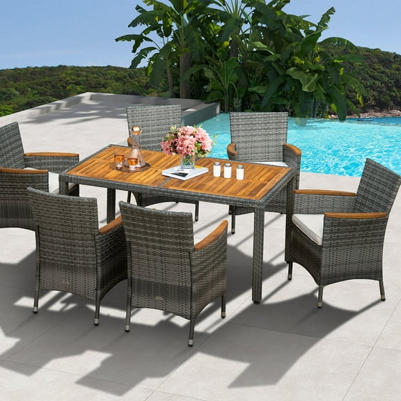 Gymax 7PCS Outdoor Dining Set Patio Acacia Wood and Rattan Furniture Set w/ Cushions