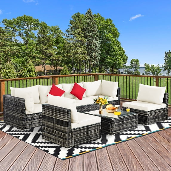 Gymax 7PCS PE Rattan Patio Sectional Sofa Conversation Set w/ White Cushions