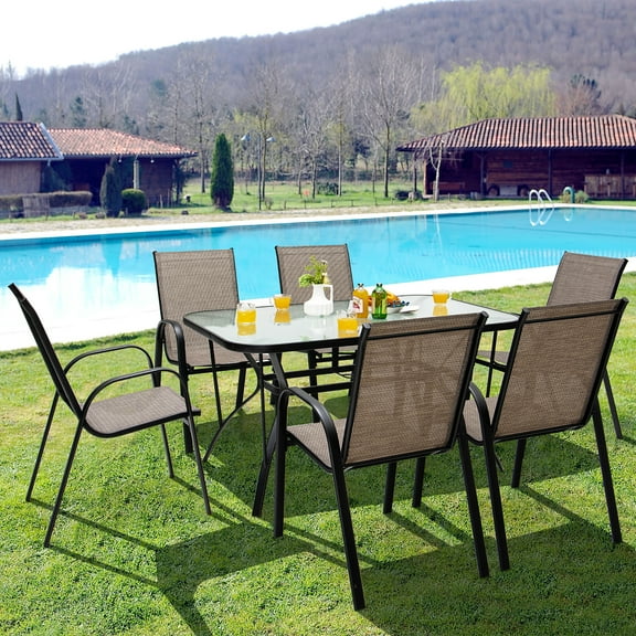 Gymax 7PCS Patio Dining Furniture Set w/ 6 Stackable Armchairs & Umbrella Hole