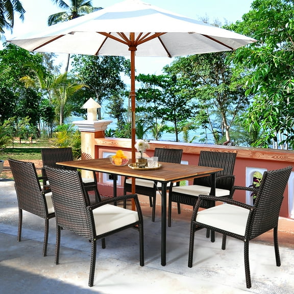 Gymax 7PCS Patio Dining Furniture Set w/ Wooden Tabletop Cushion Umbrella Hole
