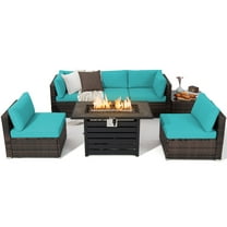 Gymax 7PCS Patio Rattan Furniture Set 42'' Fire Pit Table w/ Cover Cushioned Turquoise